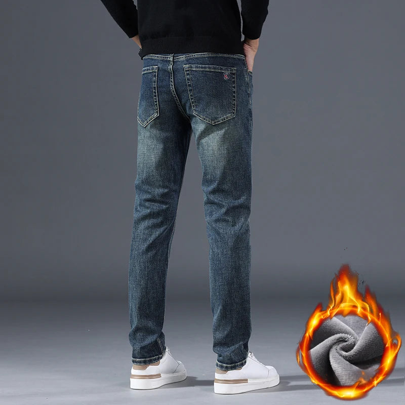 Men's Fleece Slim Straight Jeans Retro Washed Elastic Denim Pants