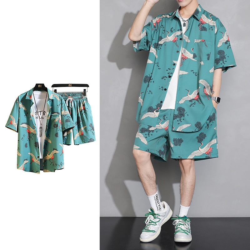 Y2k Crane Print Shirts Harajuku Tracksuits Vintage