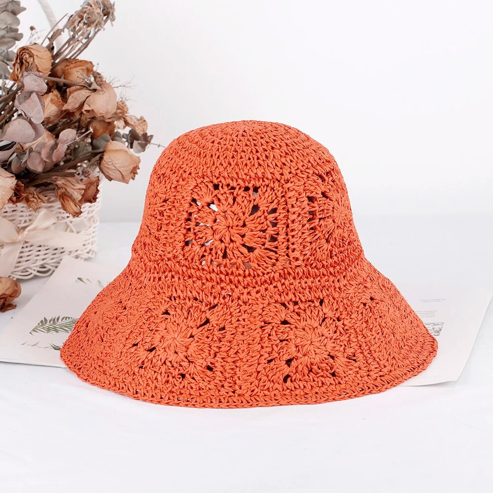 Women Straw crochet bucket Foldable hat