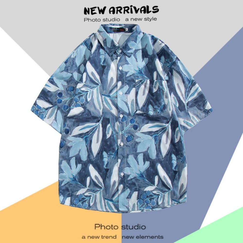 Hawaiian Men's Floral Shirt Summer Geometric Print Short Sleeved