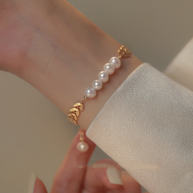 Leaf Shape Gold Chain Pearl Stainless steel Charm Bracelet