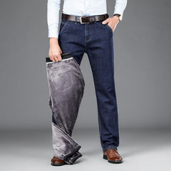 Fleece Jeans Men Business Cotton Straight Pants Baggy Trousers