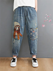 Embroidery Denim Pants For Women Trendy Hole Casual High Waist