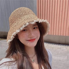 Women's Summer Hat Foldable Hollow Lace Trim Straw