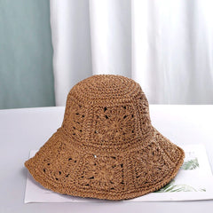 Women Straw crochet bucket Foldable hat