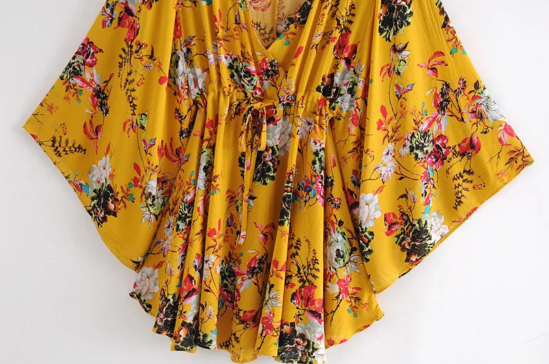 Happie yellow floral print deep v-neck bohemian mini dress