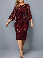 Plus Size Ladies Midi Sequin Mesh Long Sleeve Lace Elegant