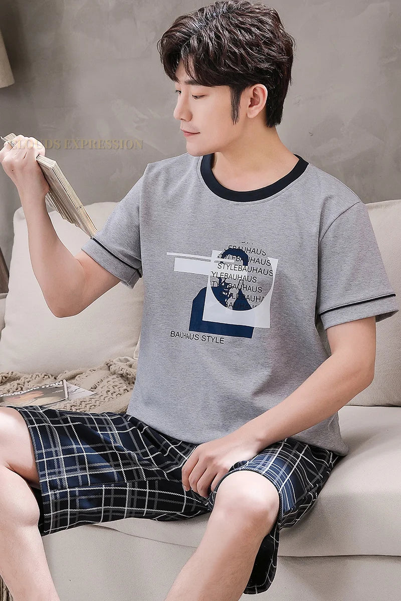 Mens Pajamas Casual Short Tops Lattice Short Pants