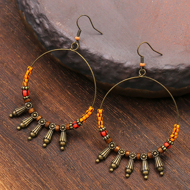 Vintage Bohemian Big Circle Earrings Ethnic Wood Bead