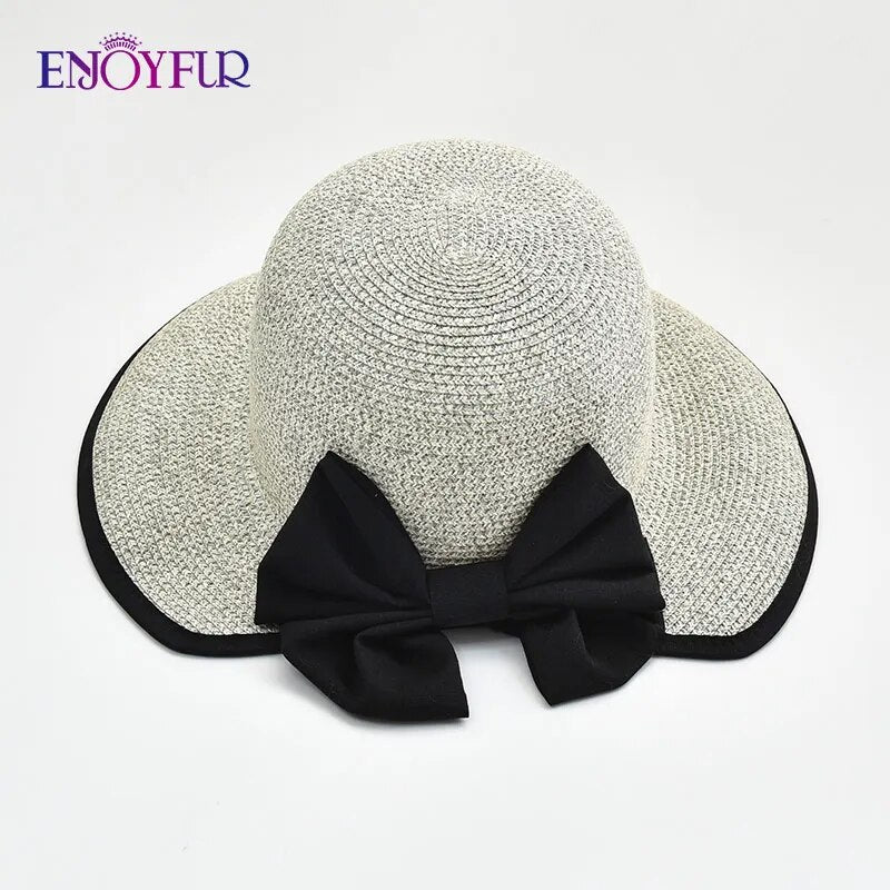 Summer Sun Straw Hats for Women Ribbon Bow Beach Fashion