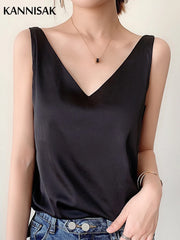 Summer Tank Tops Women Silk V-neck Ladies Camis Solid