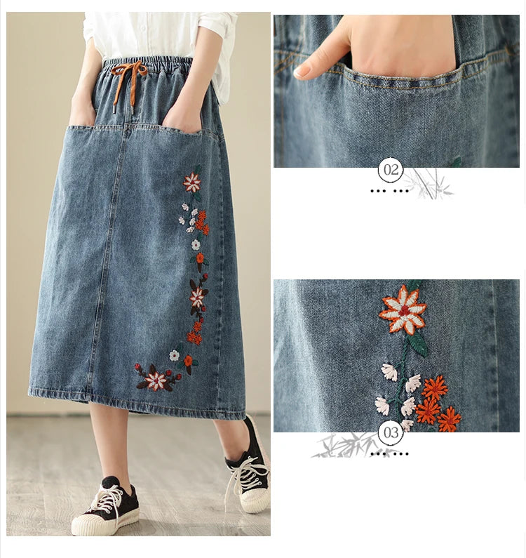 Denim Skirt Vintage Style High Waist A-line Long Y2K Streetwear