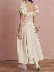 Retro style Beige Spliced Ruffle Square Collar Maxi Long Swing Dress