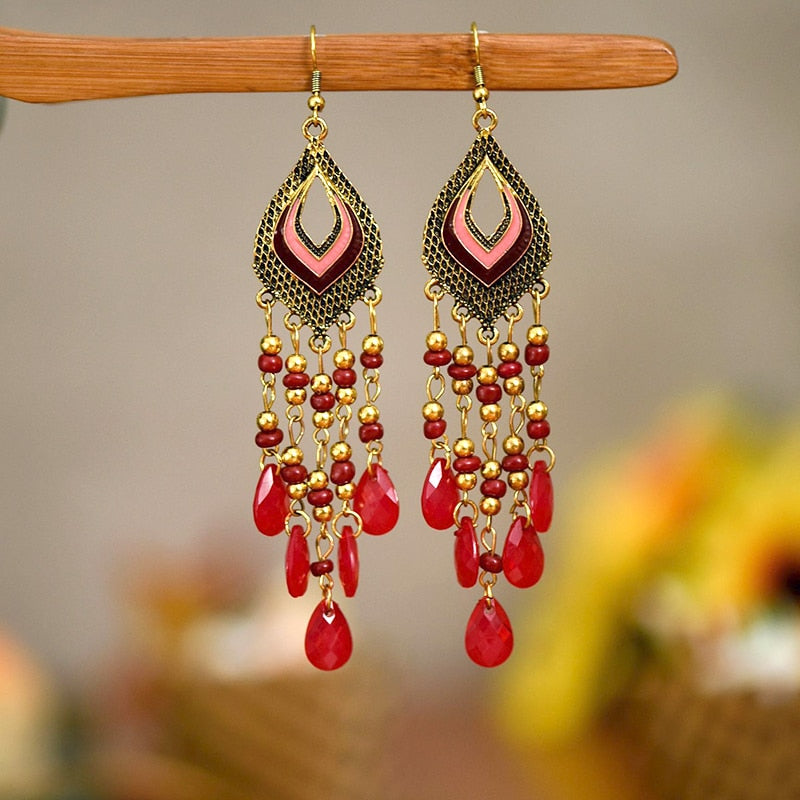 Bohemian Antique Gold Color Long Water Drop Tassel Earrings