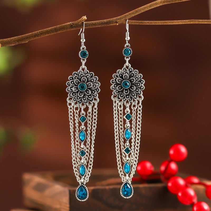 Bohemian Ethnic Long Blue Acrylic Crystal Water Drop Earrings Retro