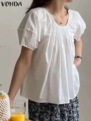 Fashion Blouse Round Neck Short Sleeve Pleated