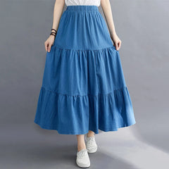 Women Elastic Waist A-line Denim Skirt Elegant Vintage High Waist