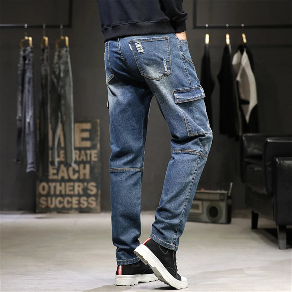 Plus Size Ripped Jeans Men Vintage Denim Pants Baggy Cargo