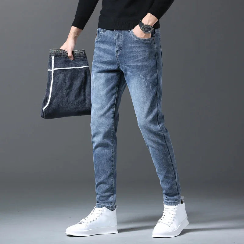 Men's Fleece Jeans Embroidery Fashion Straight Slim Casual