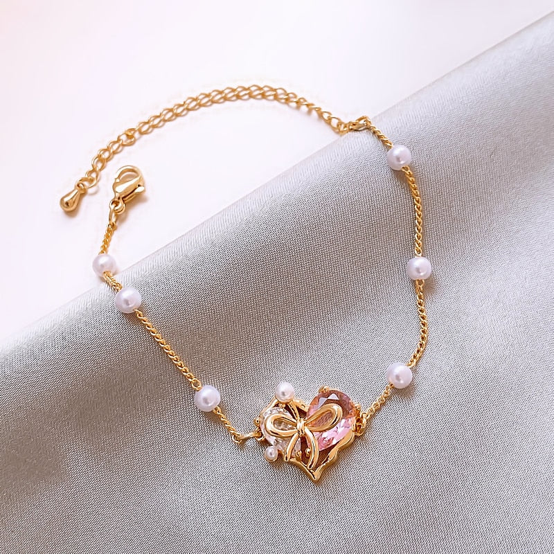 Design Pink Zircon Heart Pearl Gold Color Bracelets