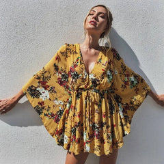 Happie yellow floral print deep v-neck bohemian mini dress