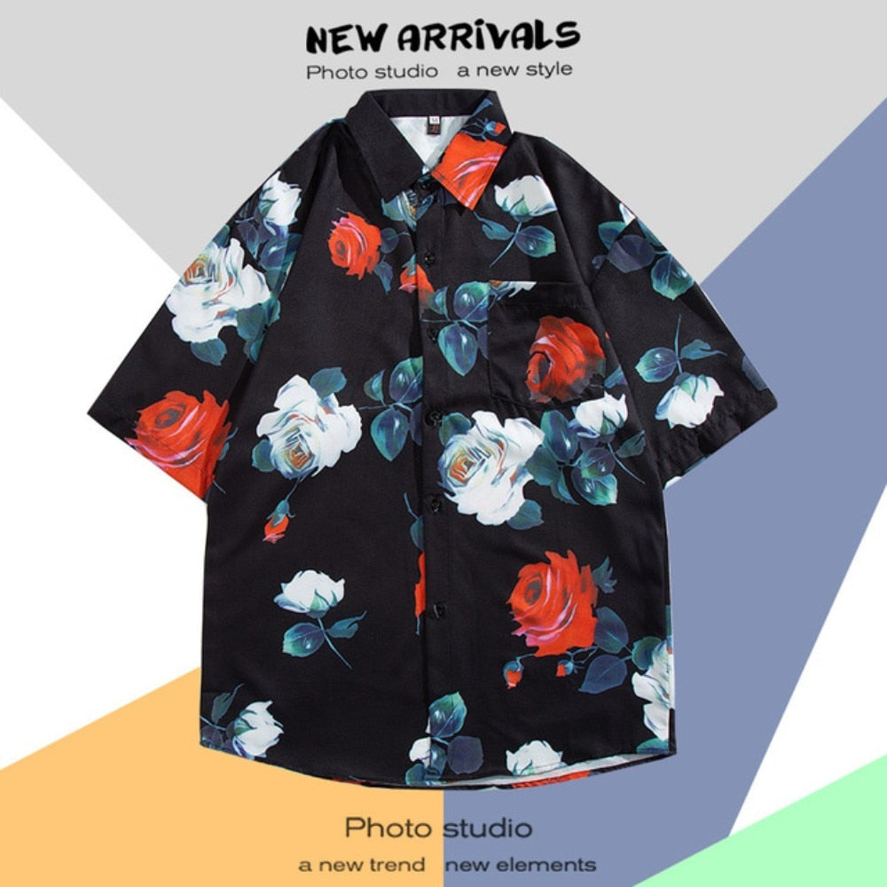 Hawaiian Men's Floral Shirt Summer Geometric Print Short Sleeved