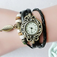 Fashion Women Watches Retro Leather Winding Bracelet Leaf