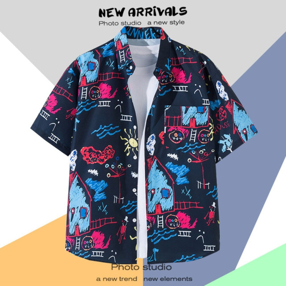 Hawaiian Men's Floral Shirt Summer Geometric Print Short Sleeved