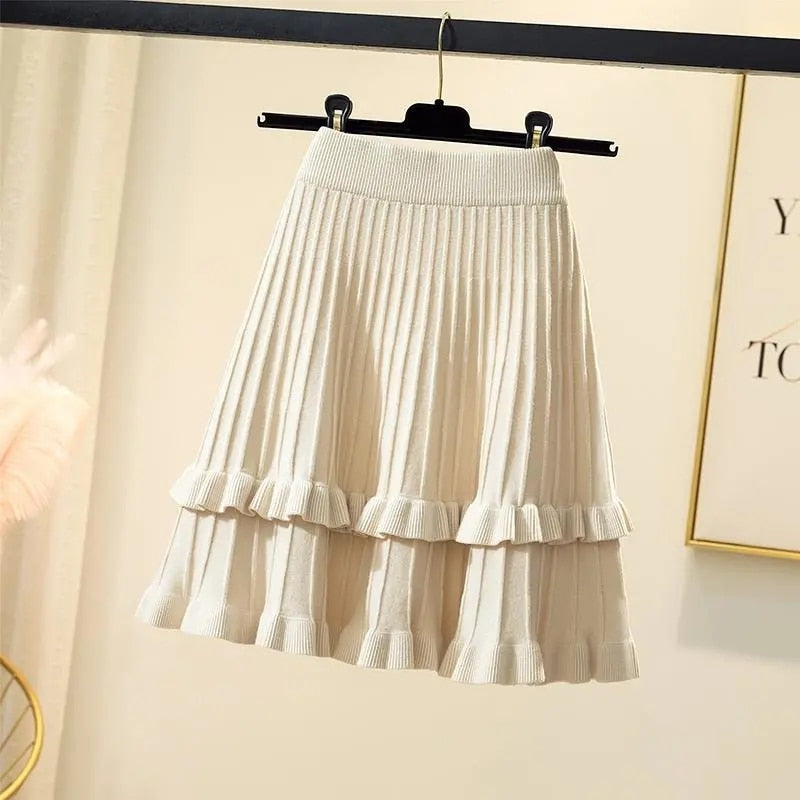 Knitted High Waist Pleated Skirt A-line Skirts Ruffled