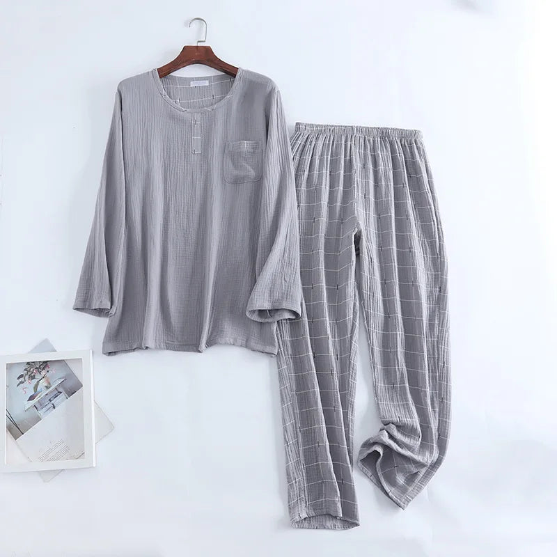 cotton crepe round neck plaid pajamas two-piece long-sleeved trousers