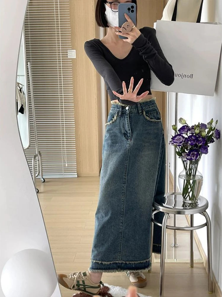 Denim Skirts Women Ripped Vintage Midi Chic