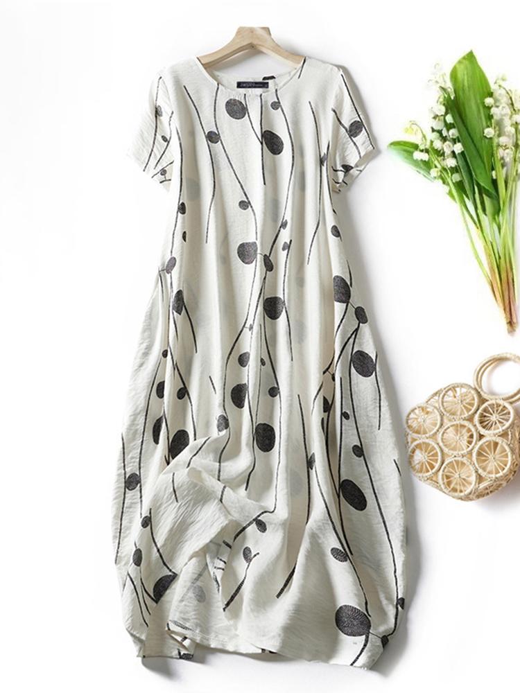 Short Sleeve Midi Dress Loose Casual Printing Long Round Neck