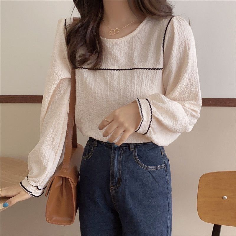 Blouse Stylish Ladies Top Chic Lantern Sleeve Solid O-neck