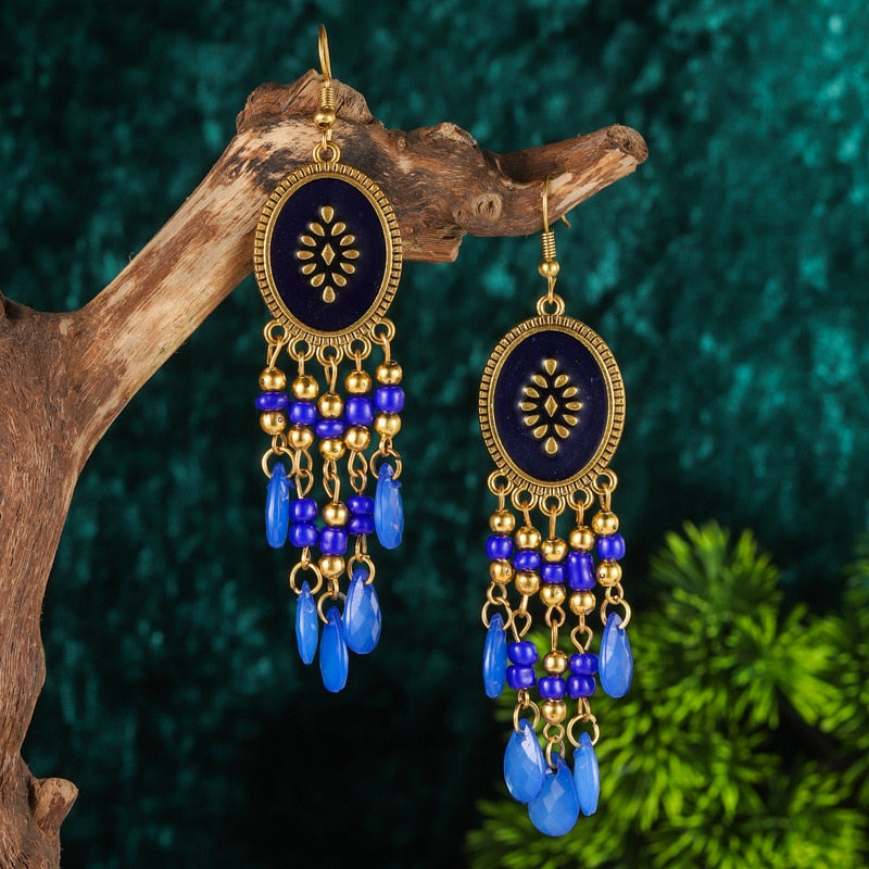 Bohemian Antique Gold Color Long Water Drop Tassel Earrings