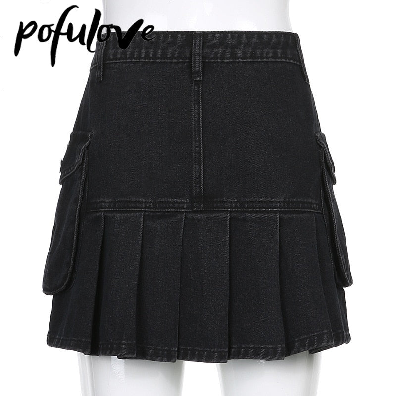 Jeans Mini Skirt Goth Denim Pleated Skirts with Big Pockets W