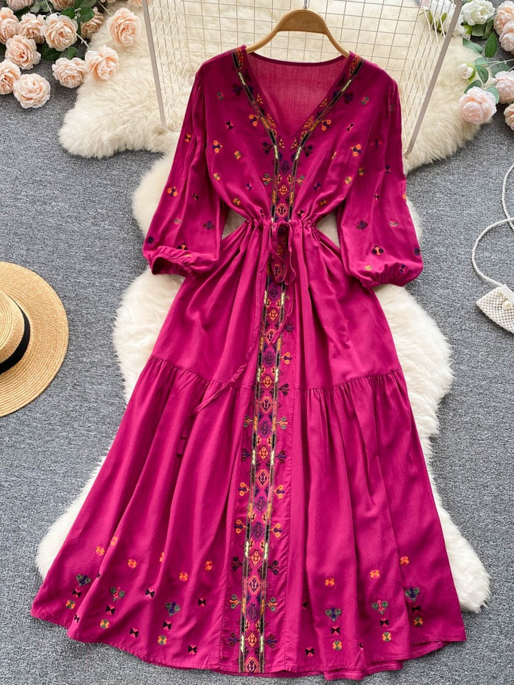 Bohemian Retro Ethnic Style Embroidery V-neck A-line Dress