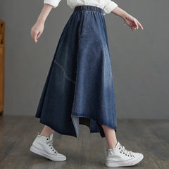 Denim Elastic Waisted Irregular Jeans Skirt Ankle-length A-line Vintage