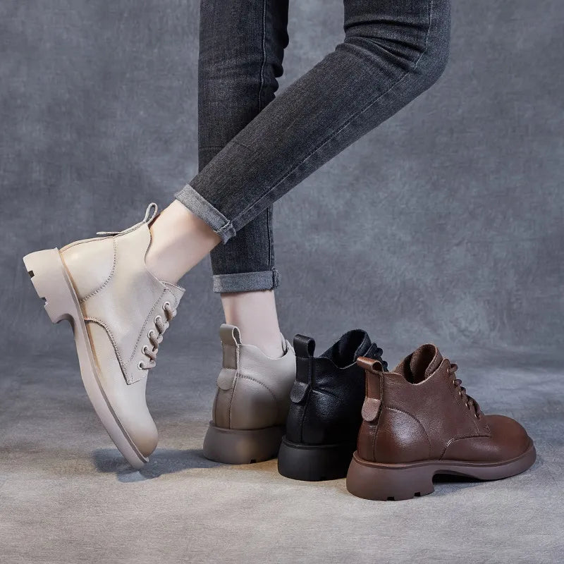 Warm Ankle Boots For Casual Cow Leather Thick Heel Short Boots