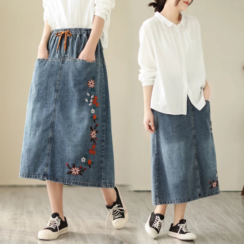 Denim Skirt Vintage Style High Waist A-line Long Y2K Streetwear