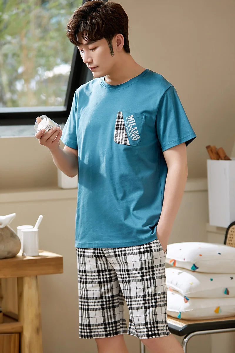 Mens Pajamas Casual Short Tops Lattice Short Pants