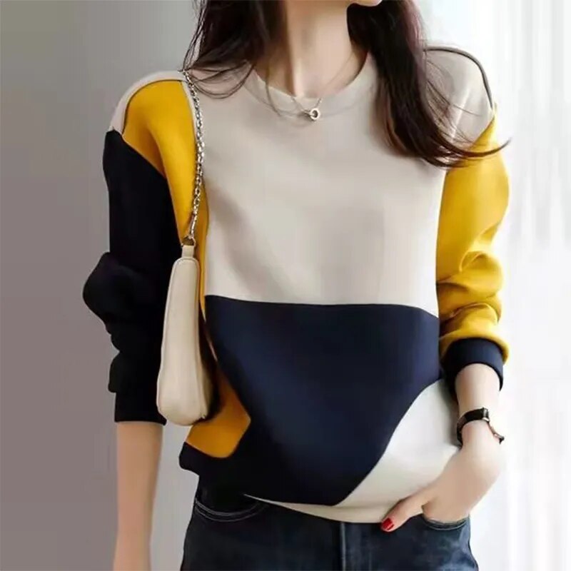 Loose Casual Contrast Color Patchwork Sweatshirt Simple Fashion