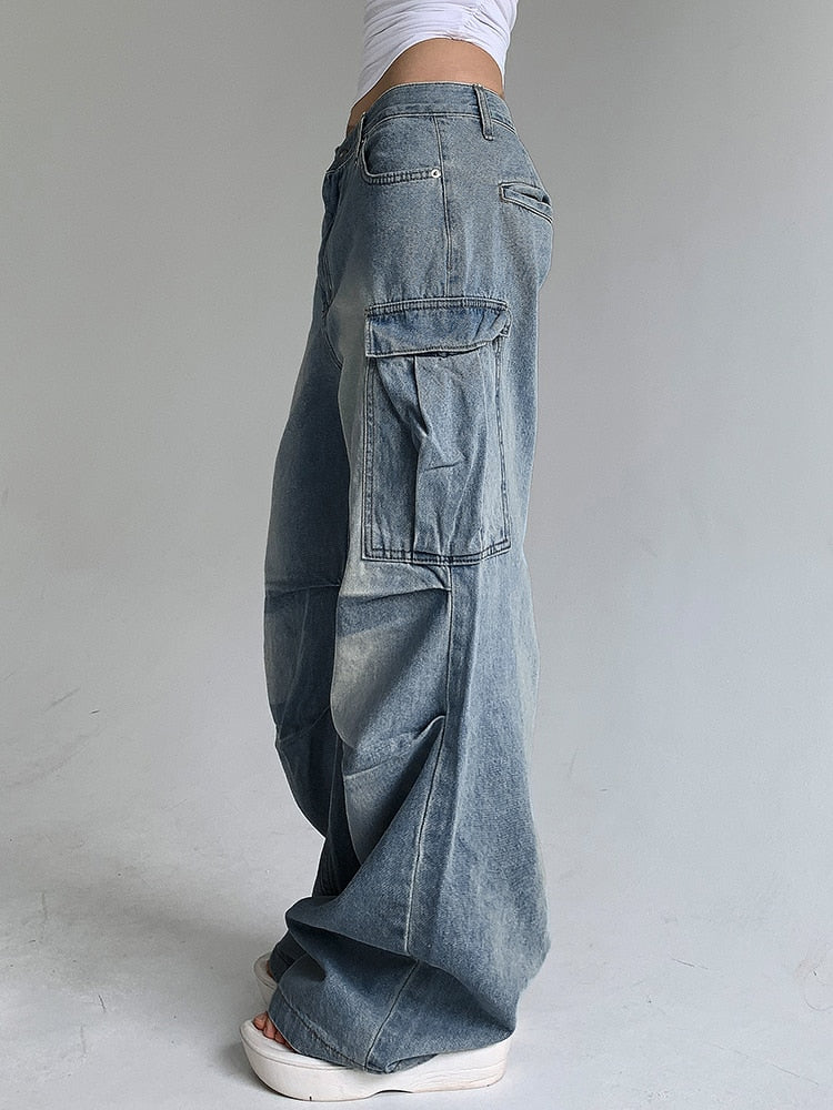 Loose Denim Cargo Pants Low Rise Big Pockets Streetwear