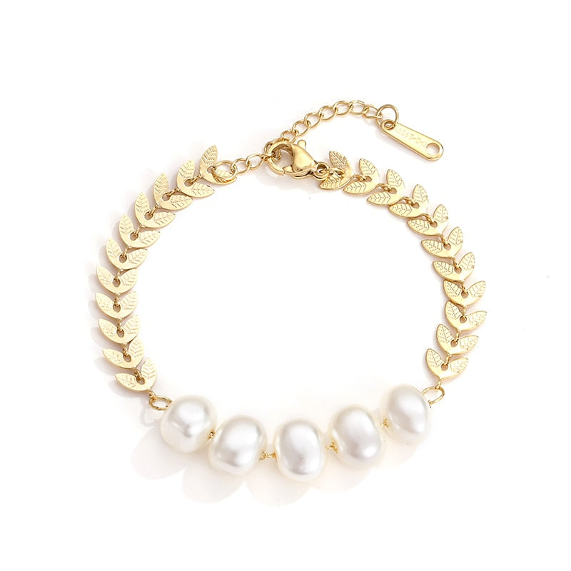 Leaf Shape Gold Chain Pearl Stainless steel Charm Bracelet