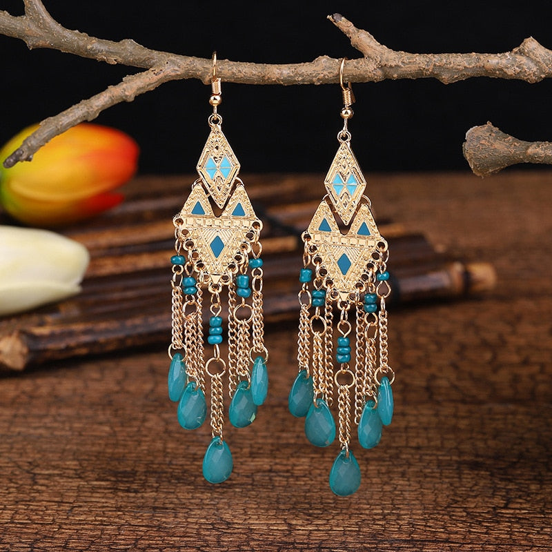 Bohemian Ethnic Long Blue Acrylic Crystal Water Drop Earrings Retro