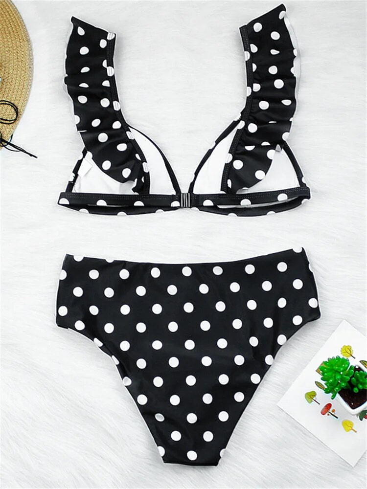 Bikini Swimsuit High Waist Dot V-Neck Ruffled Bikinis