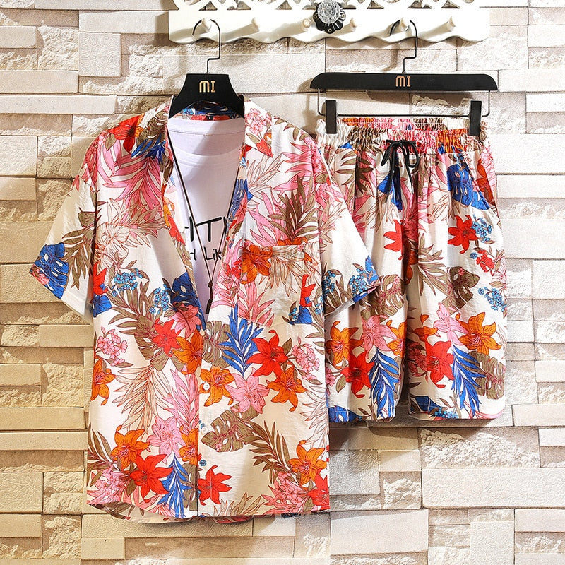 Men's 2 Pieces Set Hawaiian Shirts +Beach Shorts Mens Casual