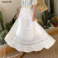 White Pleated Skirt Boho Casual Long Skirts Hollow Out Ruffles