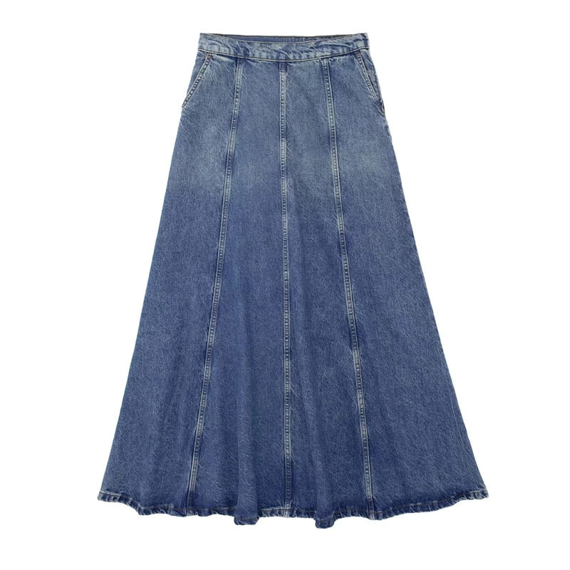 Denim Long Skirts for Women Blue High Waist Skirts