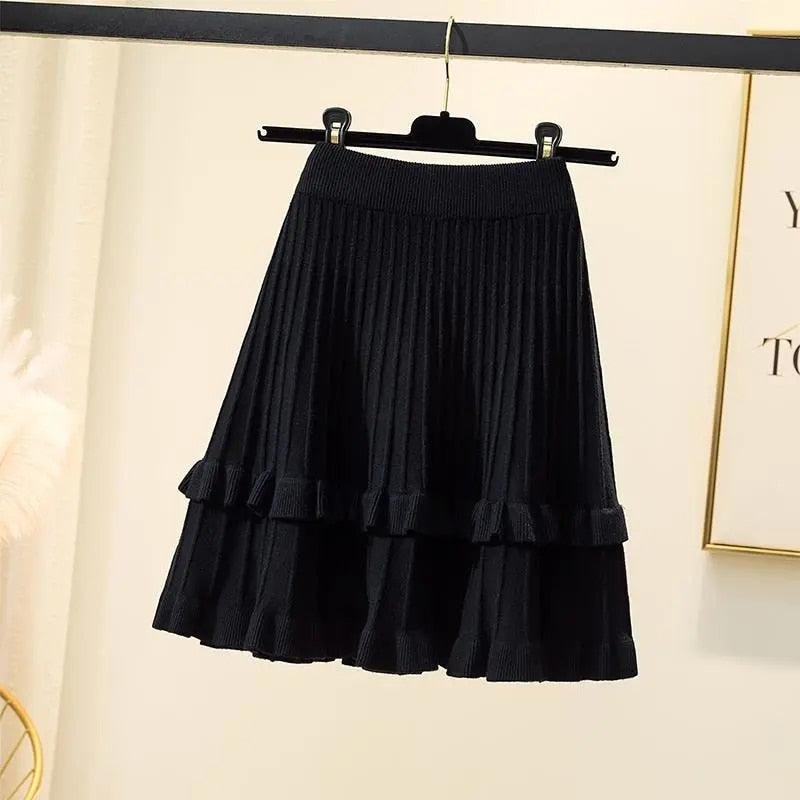 Knitted High Waist Pleated Skirt A-line Skirts Ruffled