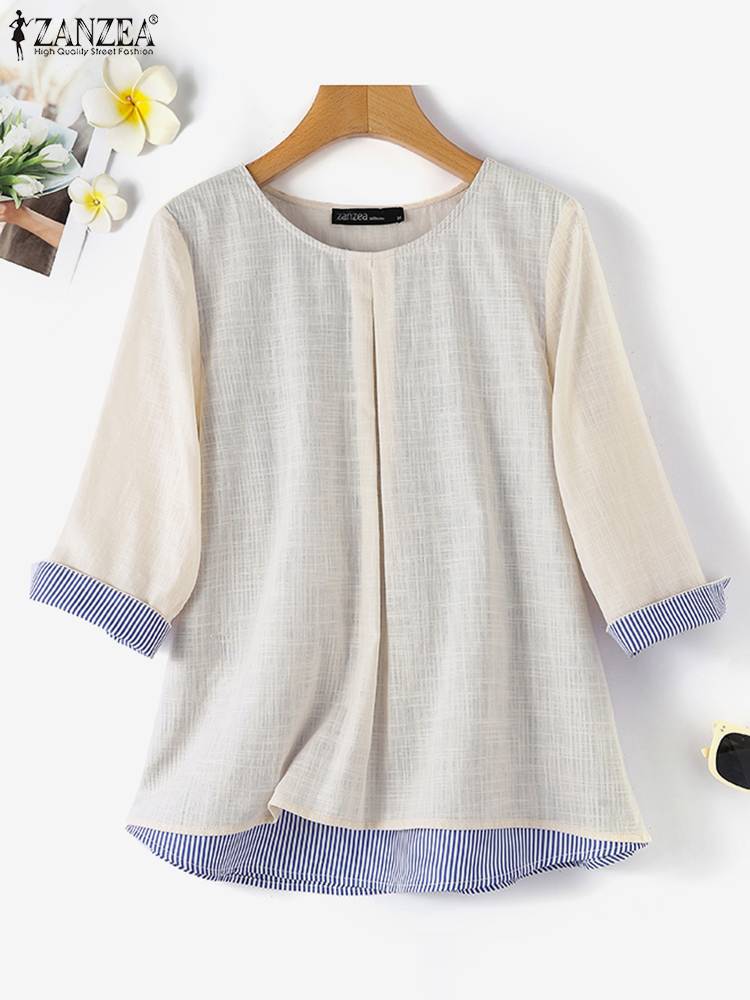 Blouse For Women Stripe Patchwork Shirt Female Pullover